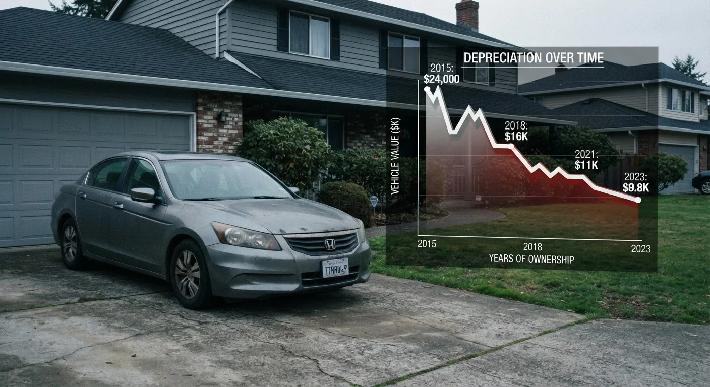 A sedan parked in a suburban driveway with a downward graph overlay illustrating car depreciation