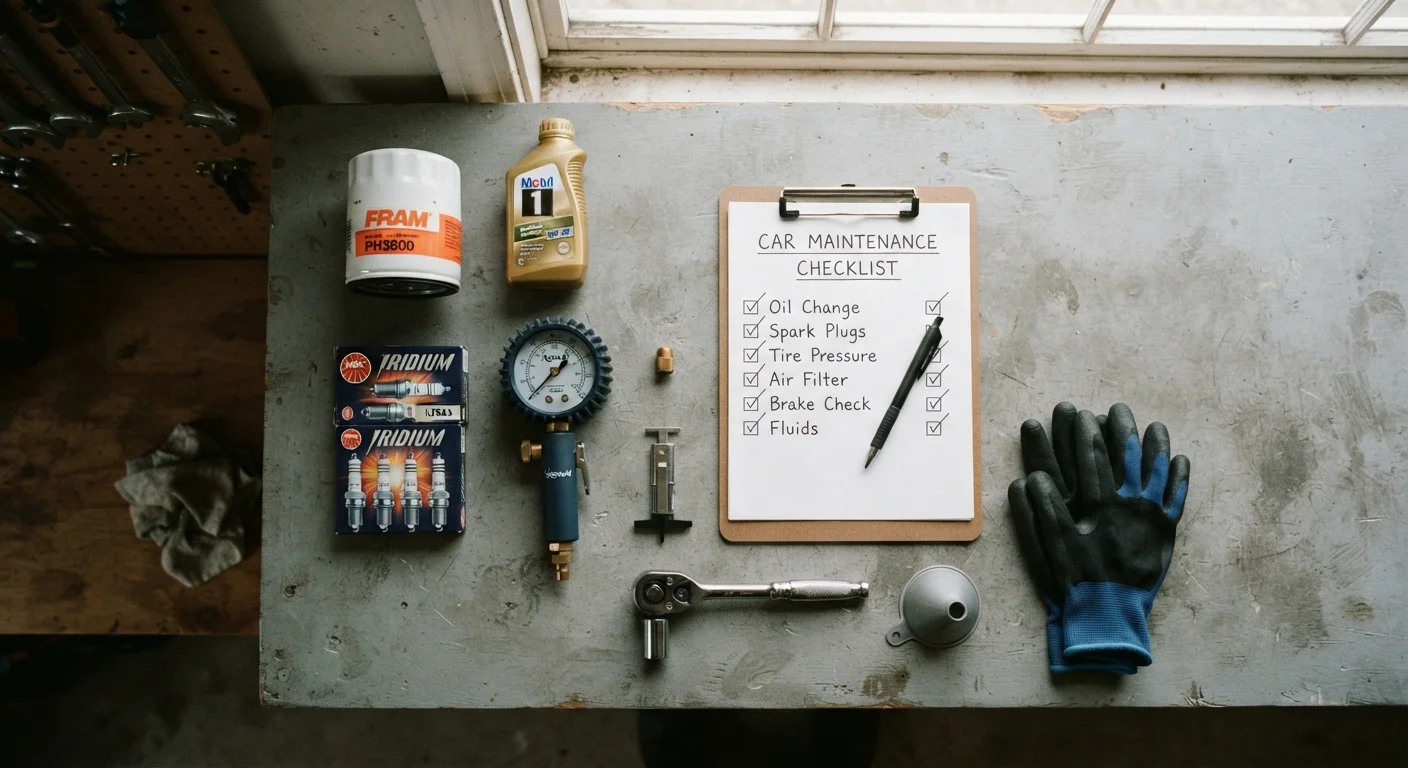 Car maintenance items including oil filter, spark plugs, and tire pressure gauge arranged on a workbench