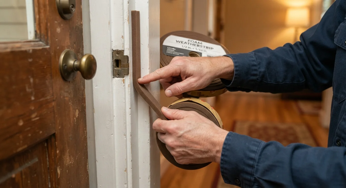 Person applying foam weatherstripping tape to the inside edge of a wooden door frame